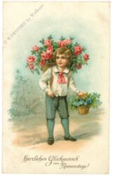 namenstag: kind mit einem korb blumen