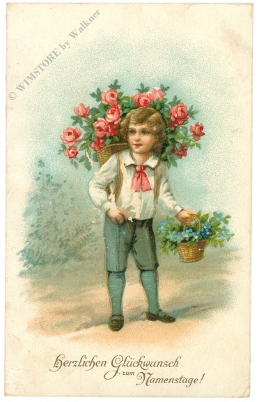 namenstag: kind mit einem korb blumen