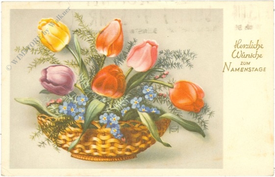 namenstag: korb mit tulpen und vergissmeinnicht
