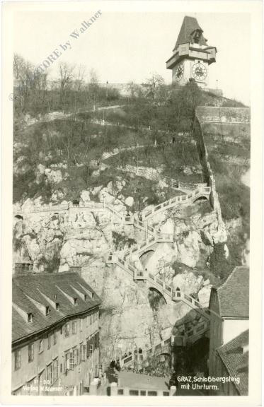 graz, schlossbergsteig mit uhrturm