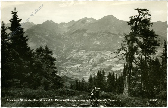 st. peter am kammersberg, blick vom gipfel der stolzalpe auf st. peter und geg. niedere tauern