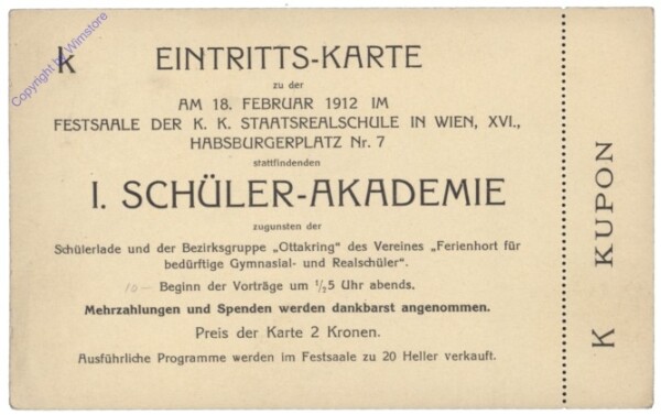 Wien 16, Eintritts-Karte zur I. Schüler-Akademie
