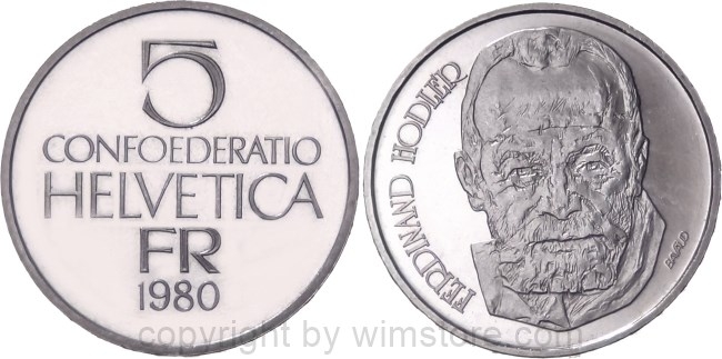 Schweiz, 5 Franken 1980, Ferdinand Hodler, KM 59, Ku/Ni