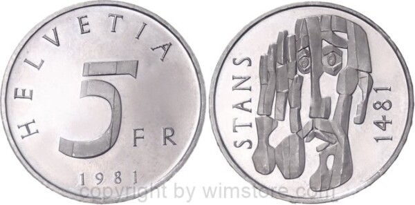 Schweiz, 5 Franken 1981, 500 Jahre Stans Konvention von 1481, KM 60, Ku/Ni