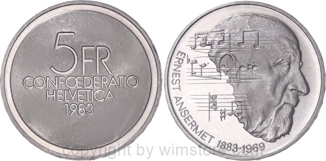 Schweiz, 5 Franken 1983, Ernest Ansermet, KM 62, Ku/Ni