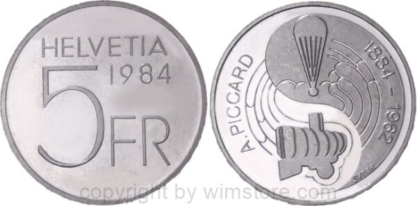 Schweiz, 5 Franken 1984, Auguste Piccard, KM 63, Ku/Ni