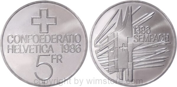 Schweiz, 5 Franken 1986, 500. Jahrestag der Schlacht bei Sempach, KM 65, Ku/Ni
