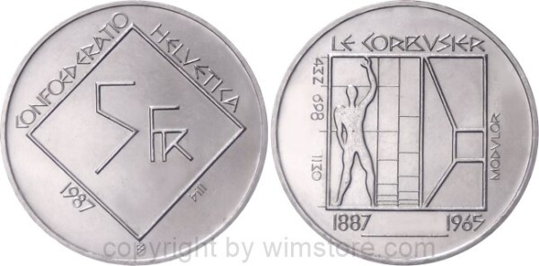 Schweiz, 5 Franken 1987, Le Corbusier, KM 66, Ku/Ni