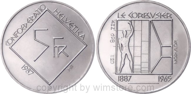 Schweiz, 5 Franken 1987, Le Corbusier, KM 66, Ku/Ni