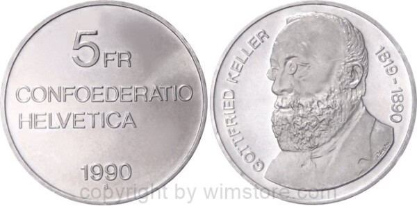 Schweiz, 5 Franken 1990, Gottfried Keller, KM 69, Ku/Ni