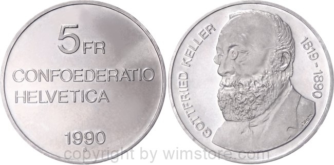 Schweiz, 5 Franken 1990, Gottfried Keller, KM 69, Ku/Ni