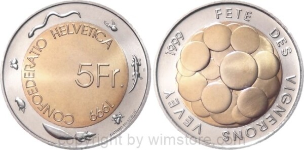 Schweiz, 5 Franken 1999, Winzerfest Vevey, KM 86, Bi-Metall