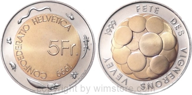 Schweiz, 5 Franken 1999, Winzerfest Vevey, KM 86, Bi-Metall