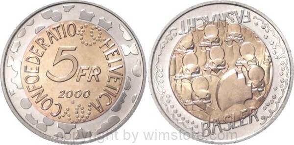 Schweiz, 5 Franken 2000, Basler Fasnacht, KM 89, Bi-Metall