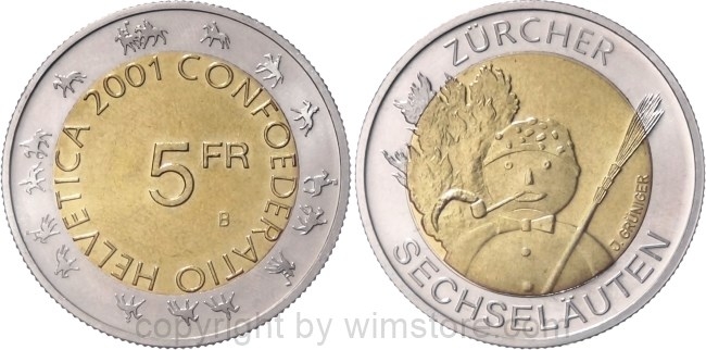 Schweiz, 5 Franken 2001, Zürcher Sechseläuten, KM 92, Bi-Metall