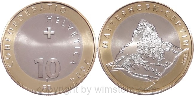 Schweiz, 10 Franken 2004, Matterhorn, KM 107, Bi-Metall