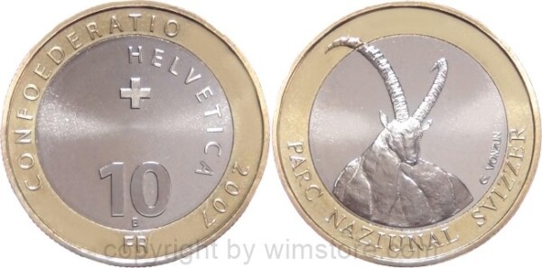 Schweiz, 10 Franken 2007, Steinbock, KM 118, Bi-Metall