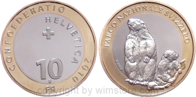 Schweiz, 10 Franken 2010, Murmeltier, KM 134, Bi-Metall