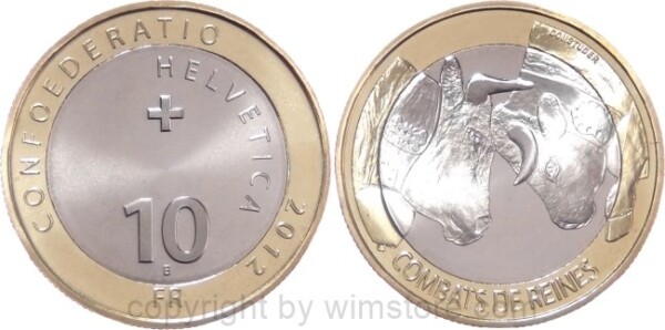 Schweiz, 10 Franken 2012, Kuh-Ringkämpfe, KM 142, Bi-Metall