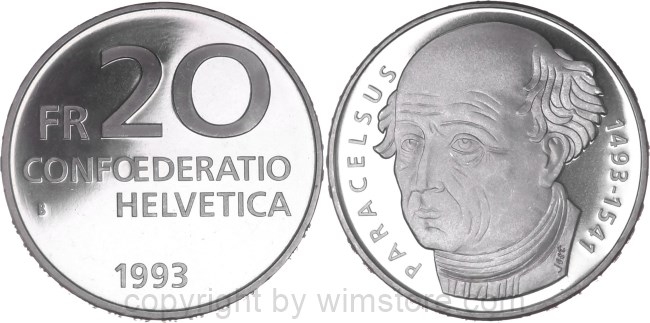 Schweiz, 20 Franken 1993, Paracelsus, KM 73, Silber