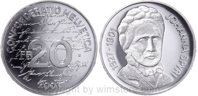 Schweiz, 20 Franken 2001, 100. Todestag von Johanna Heusser Spyri, KM 94, Silber
