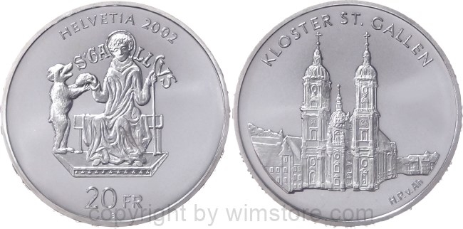 Schweiz, 20 Franken 2002, Kloster St. Gallen, KM 99, Silber