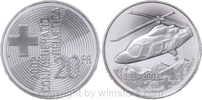Schweiz, 20 Franken 2002, 50 Jahre Schweizerische Rettungsflugwacht, KM 100, Silber