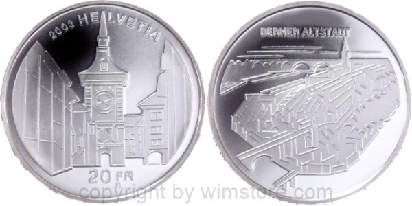 Schweiz, 20 Franken 2003, UNESCO - Berner Altstadt, KM 106, Silber