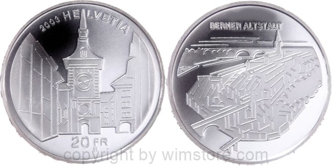 Schweiz, 20 Franken 2003, UNESCO - Berner Altstadt, KM 106, Silber