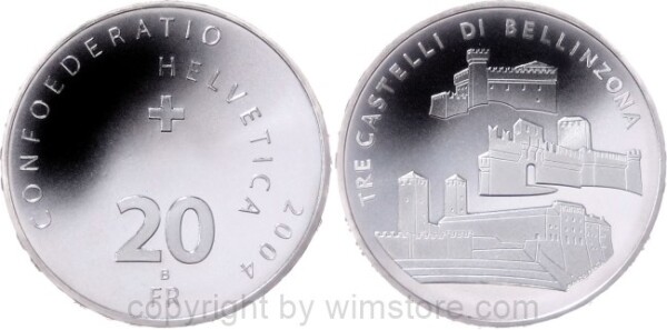 Schweiz, 20 Franken 2004, UNESCO - 3 Burgen (Bellinzona), KM 108, Silber