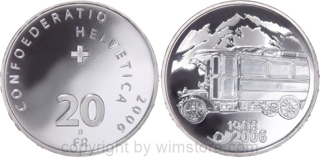 Schweiz, 20 Franken 2006, 100 Jahre Post Busverkehr, KM 115, Silber