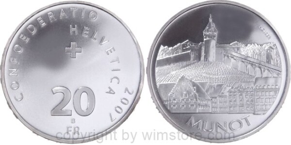 Schweiz, 20 Franken 2007, Artilleriefestung (Munot) aus 1589 in Schaffhausen, KM 124, Silber