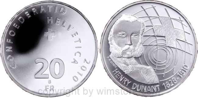 Schweiz, 20 Franken 2010, 100. Todestag von Henry Dunant, KM 136, Silber