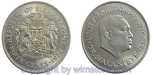 Sierra Leone, 50 Cents 1972, Dr. Siaka Stevens, KM 25, Ku/Ni