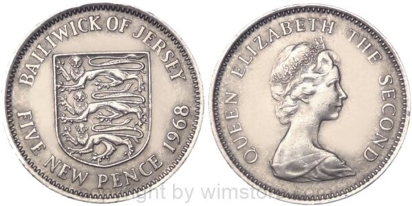 Jersey, 5 New Pence 1968, 1980, KM 32, Ku/Ni