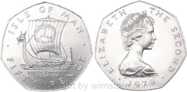 Insel Man, 50 Pence 1979 AA, AB, Wikingerschiff, KM 51.1, Ku/Ni