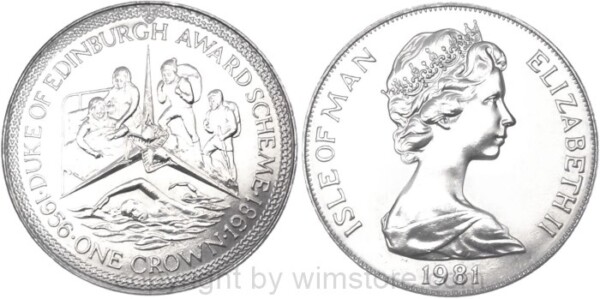 Insel Man, 1 Crown 1981, Duke of Edinburgh Award Scheme - Krankenpflege, Bergsteigen, Schwimmen KM 75, Ku/Ni