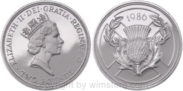Großbritannien, 2 Pounds 1986, XIII. Commonwealthspiele 1986 in Edinburgh - Kratzdistel im Lorbeerkranz auf Andreaskreuz, KM 947b, Silber