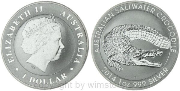 Australien, 1 Dollar 2014, Australisches Salzwasser Krokodil, Silber