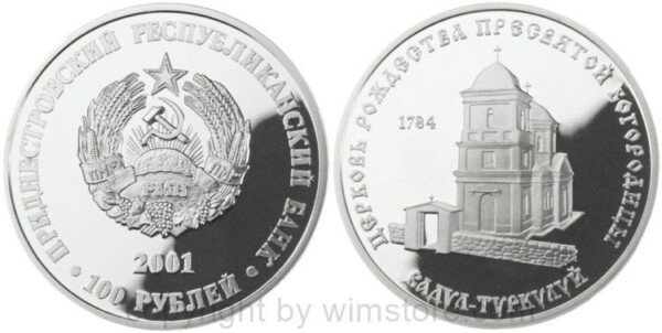 Transnistrien, 100 Rublei 2001, Kirche Mariä Geburt in Vadul Turkului, 1784, KM 21, Silber, PL, (1000 Exemplare)