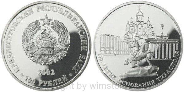Transnistrien, 100 Rublei 2002, 210 Jahre Festung Tiraspol' - Reiterdenkmal, KM 35, Silber, PL, (500 Exemplare)