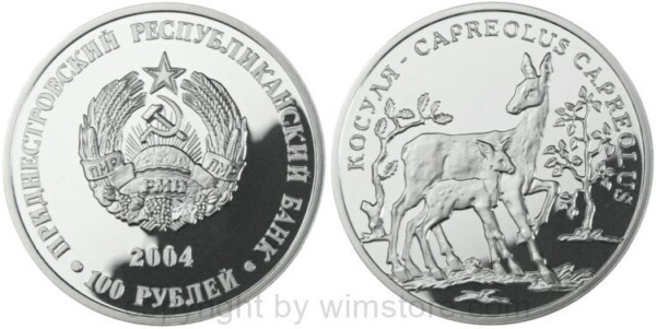 Transnistrien, 100 Rublei 2004, Tierwelt - Europäische Rehe, KM 44, Silber, PL, (500 Exemplare)