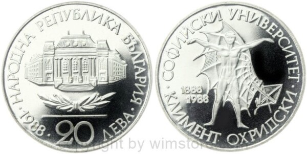 Bulgarien, 20 Leva 1988, 100 Jahre Universität Sophia, KM 173, Silber