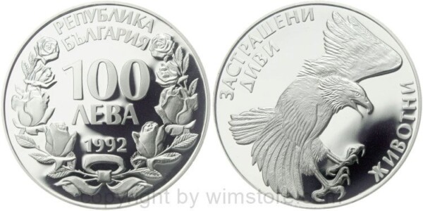 Bulgarien, 100 Leva 1992, Bedrohte Tierwelt - Steinadler, KM 226, Silber, PP