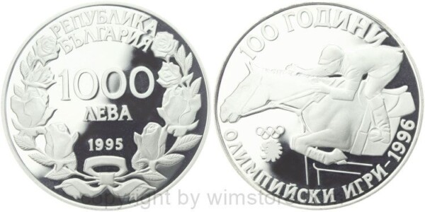 Bulgarien, 1000 Leva 1995, 100 Jahre Olympische Spiele der Neuzeit - Springreiter, KM 215, Silber, PP