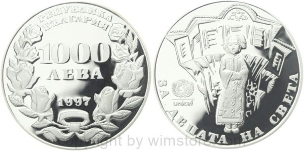 Bulgarien, 1000 Leva 1997, 50 Jahre Kinderhilfswerk der Vereinten Nationen (UNICEF), KM 232, Silber, PP