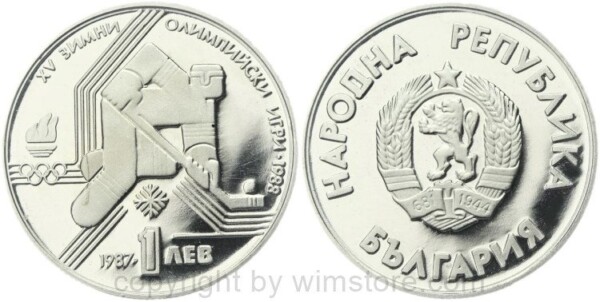 Bulgarien, 1 Lev 1987, Olympische Winterspiele 1988 in Calgary - Eishockeyspieler, KM 175, Ku/Ni