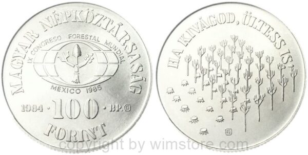 ungarn, 100 forint 1984, weltkongress für forstwesen, km 639, ku/ni/zink