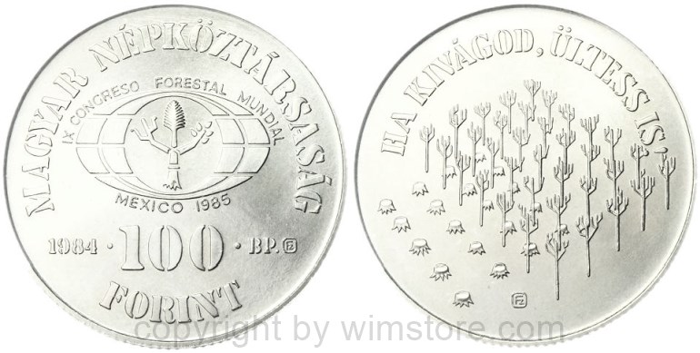 ungarn, 100 forint 1984, weltkongress für forstwesen, km 639, ku/ni/zink