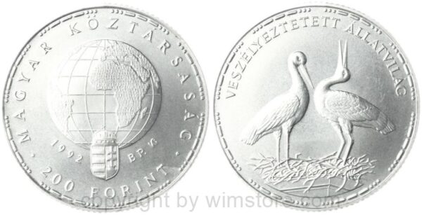 ungarn, 200 forint 1992, bedrohte tierwelt europäische weißstörche, km 688, silber